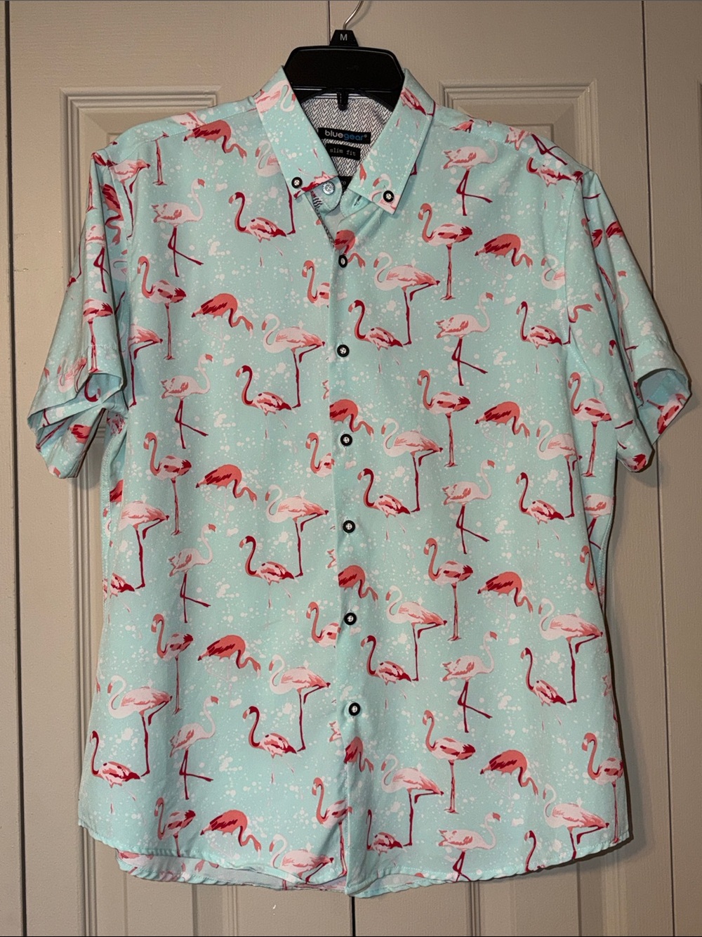 Blue Gear Men's Slim Fit Flamingo Button Down Short Sleeve Shirt Size Large